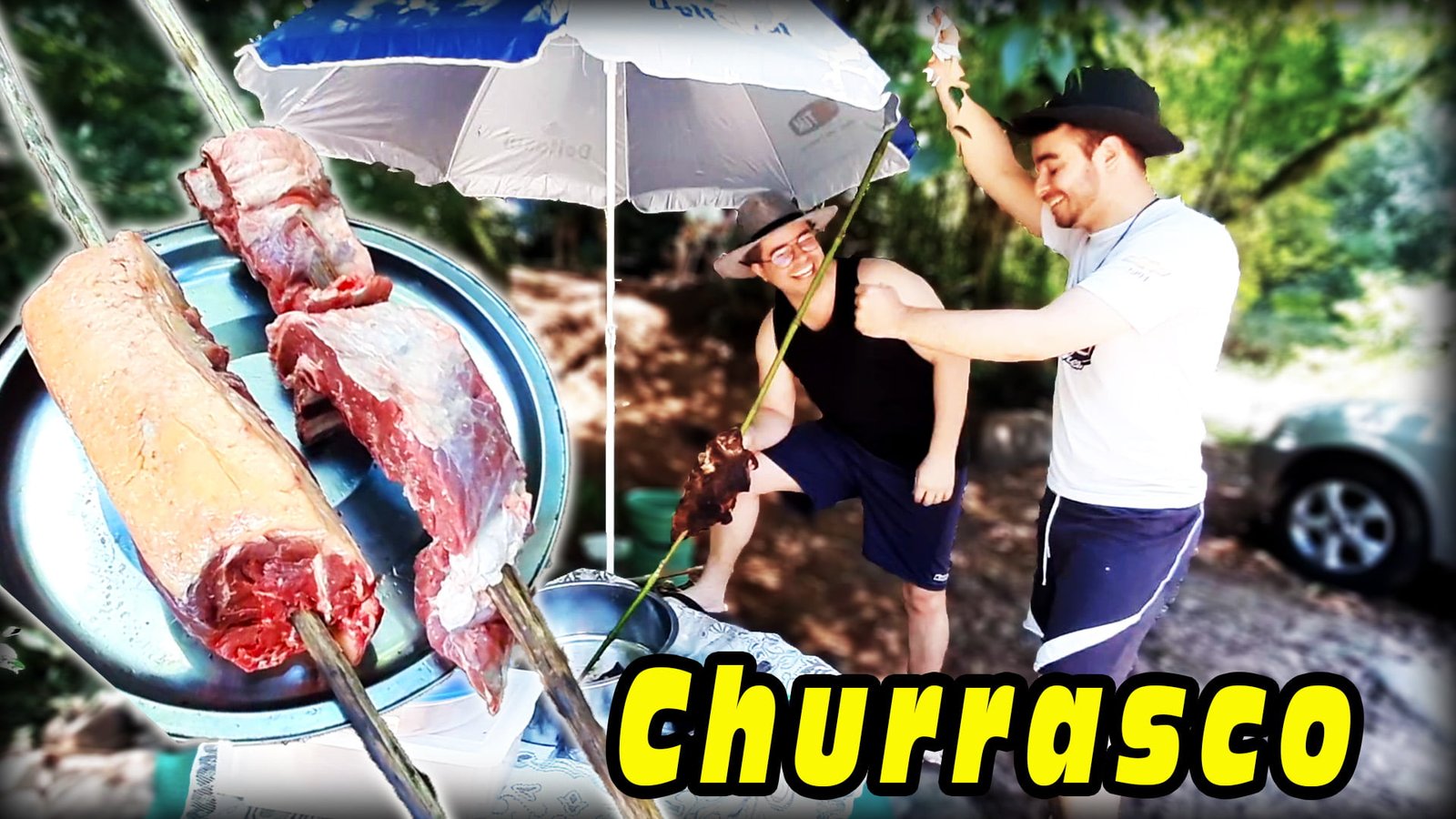 Churrasco na taquara em acampamento de família na beira do Rio