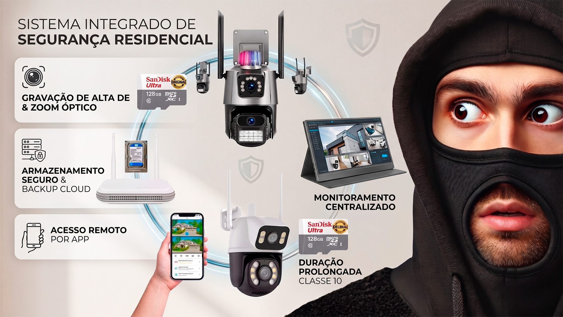 Sistema integrado de segurança residencial com câmeras Wi-Fi, gravador NVR, monitor portátil e aplicativo no celular.